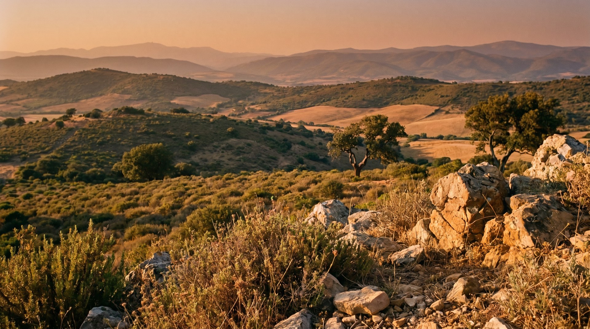 Colline del Gerrei al tramonto, con rocce e vegetazione in primo piano