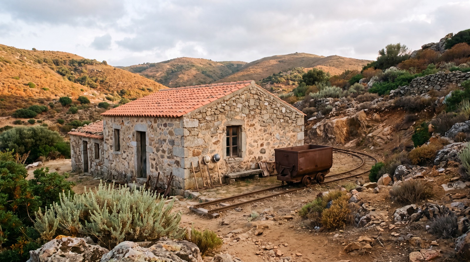 Antico edificio minerario in pietra con vagoncino su rotaia, immagine di ambientazione