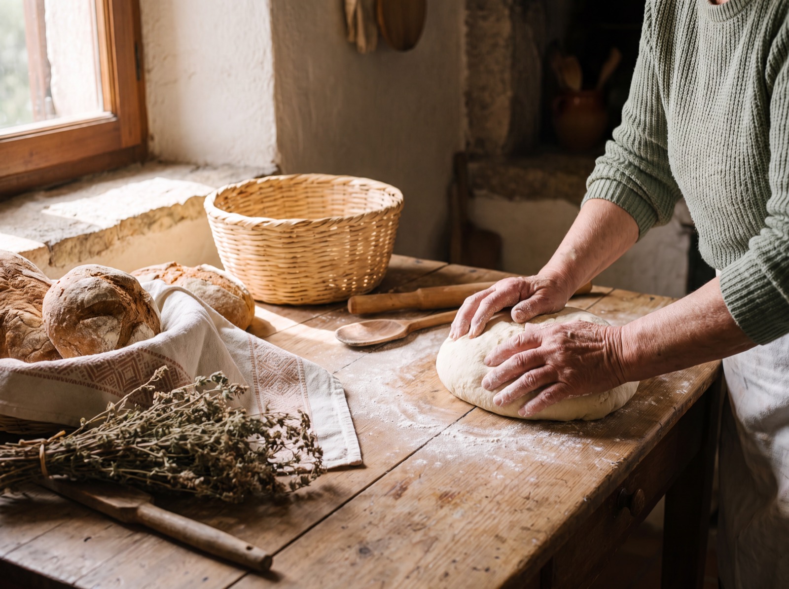Preparazione del pane a mano su un tavolo di legno, immagine di ambientazione