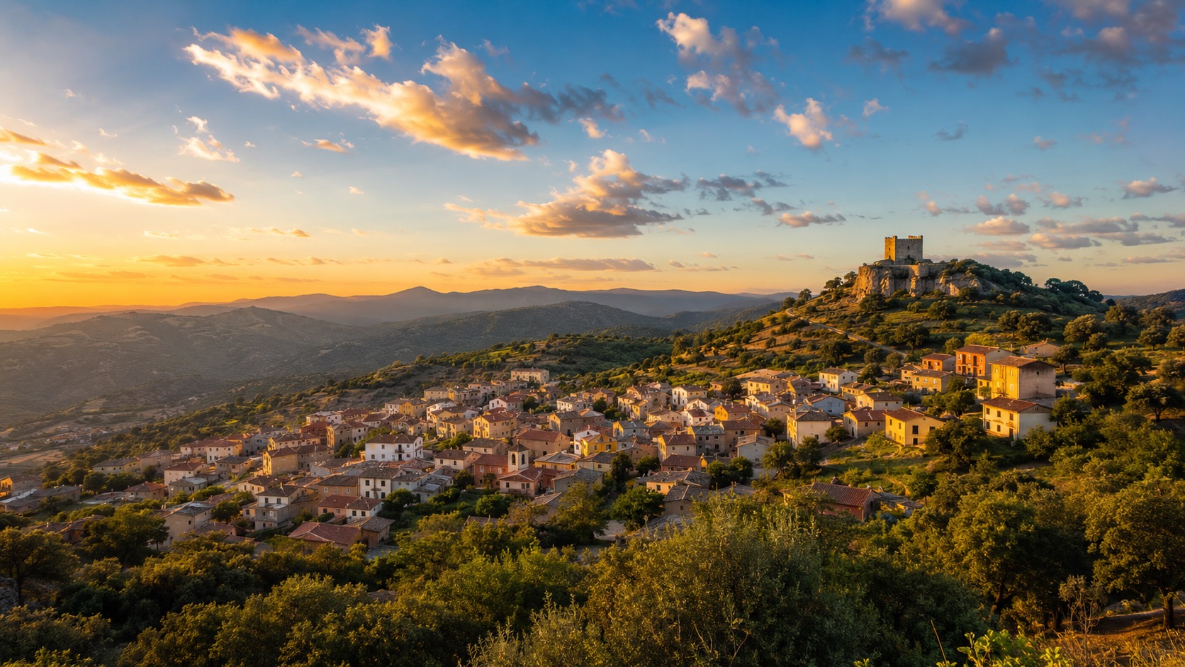 Veduta di un borgo collinare sardo al tramonto, con la torre del castello sul colle