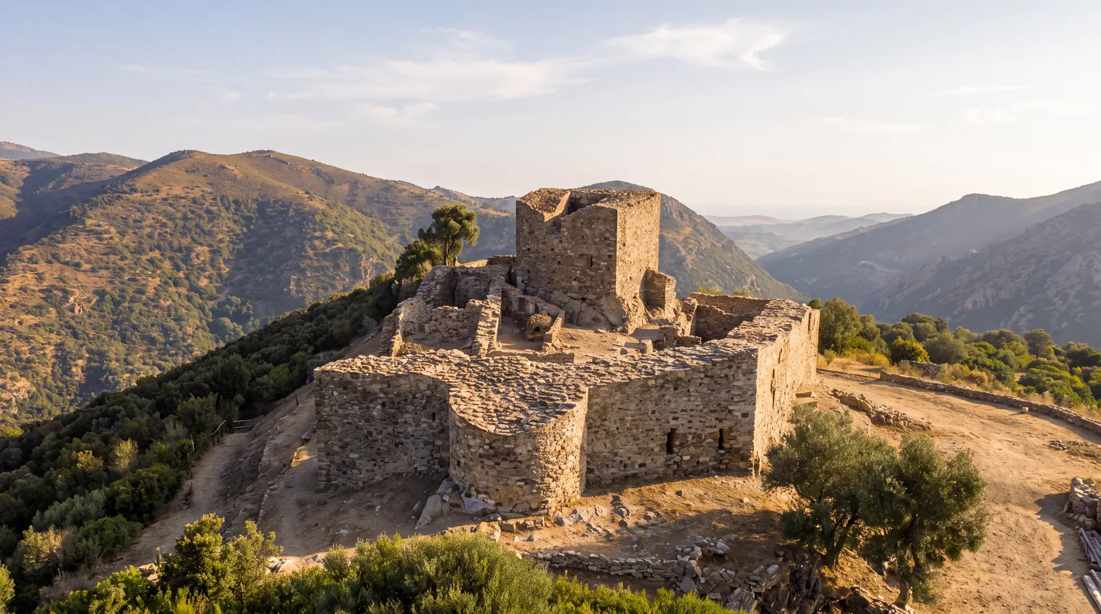 Vista aerea del castello di Sassai, detto Orguglioso, sulla sommità di un colle del Gerrei
